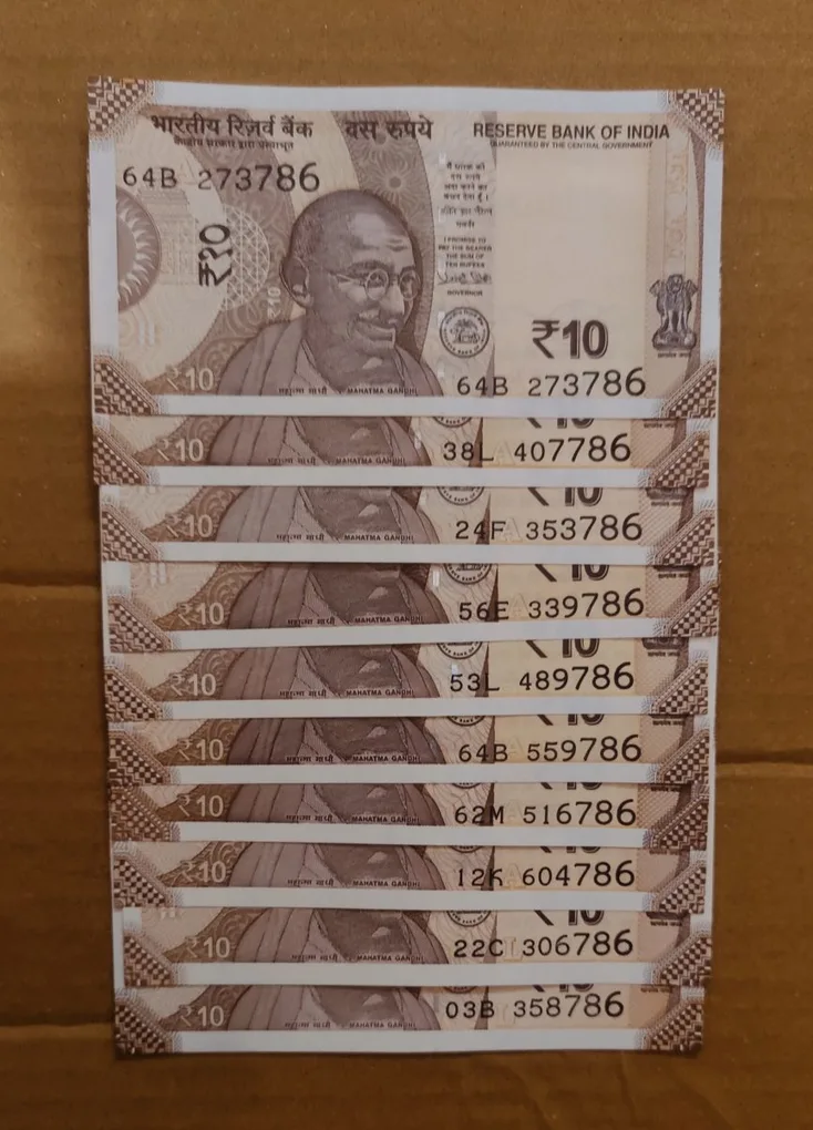 Reserve Bank of India Rs 10 note. Ending 786 Excellent condition. 10 piece given Same and similar piece available
