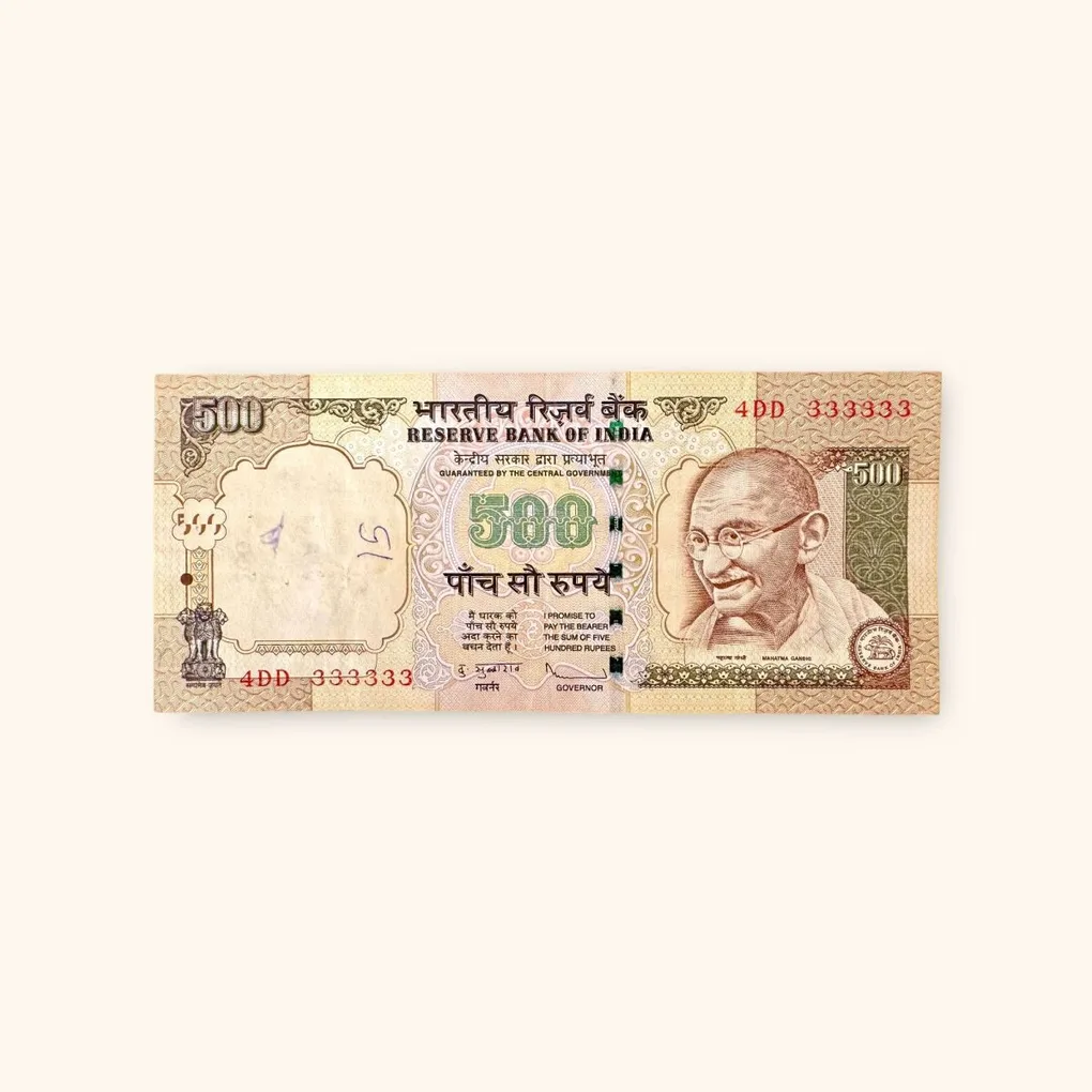 Rs 500 India Banknote Previous Issue Small Font Fancy Number 333333 Unique and Rare