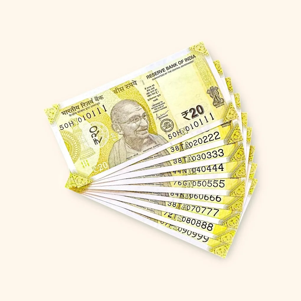 Rs 20 India Banknote Fancy Number Set 010111 to 090999 Gem Unc Very Unique and Rare
