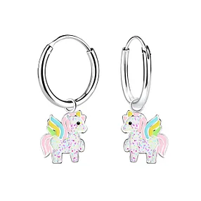 Silver Unicorn Charm Hoop Earrings Very Unique and Rare Anti Tarnish
