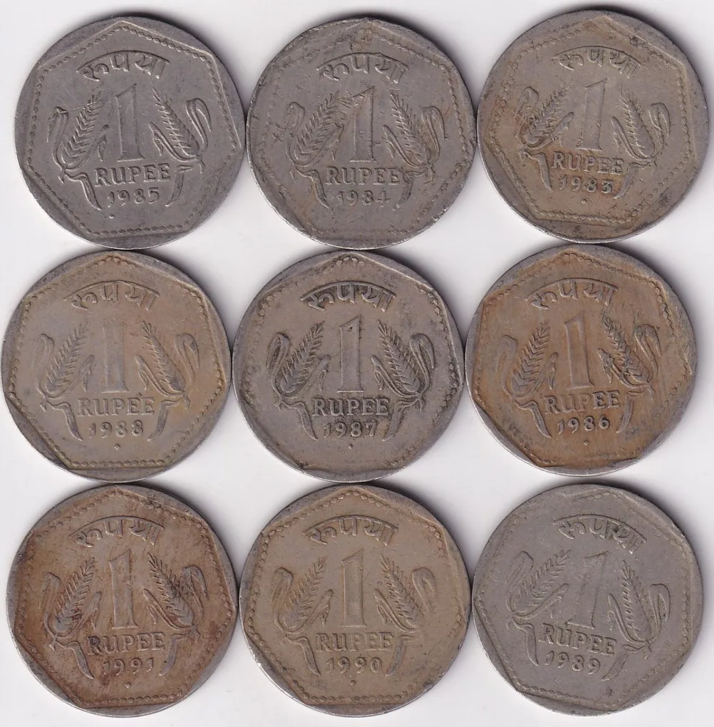 1 Rupee 1983 to 1991 Nine Coins Set Rare