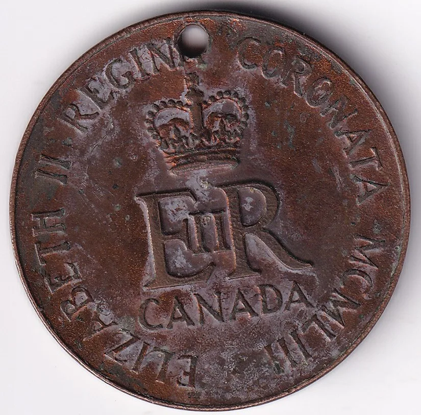 Canada 1953 Coronation Medal Elizabeth II Wt 17.5 Grams Bronze Holed #1