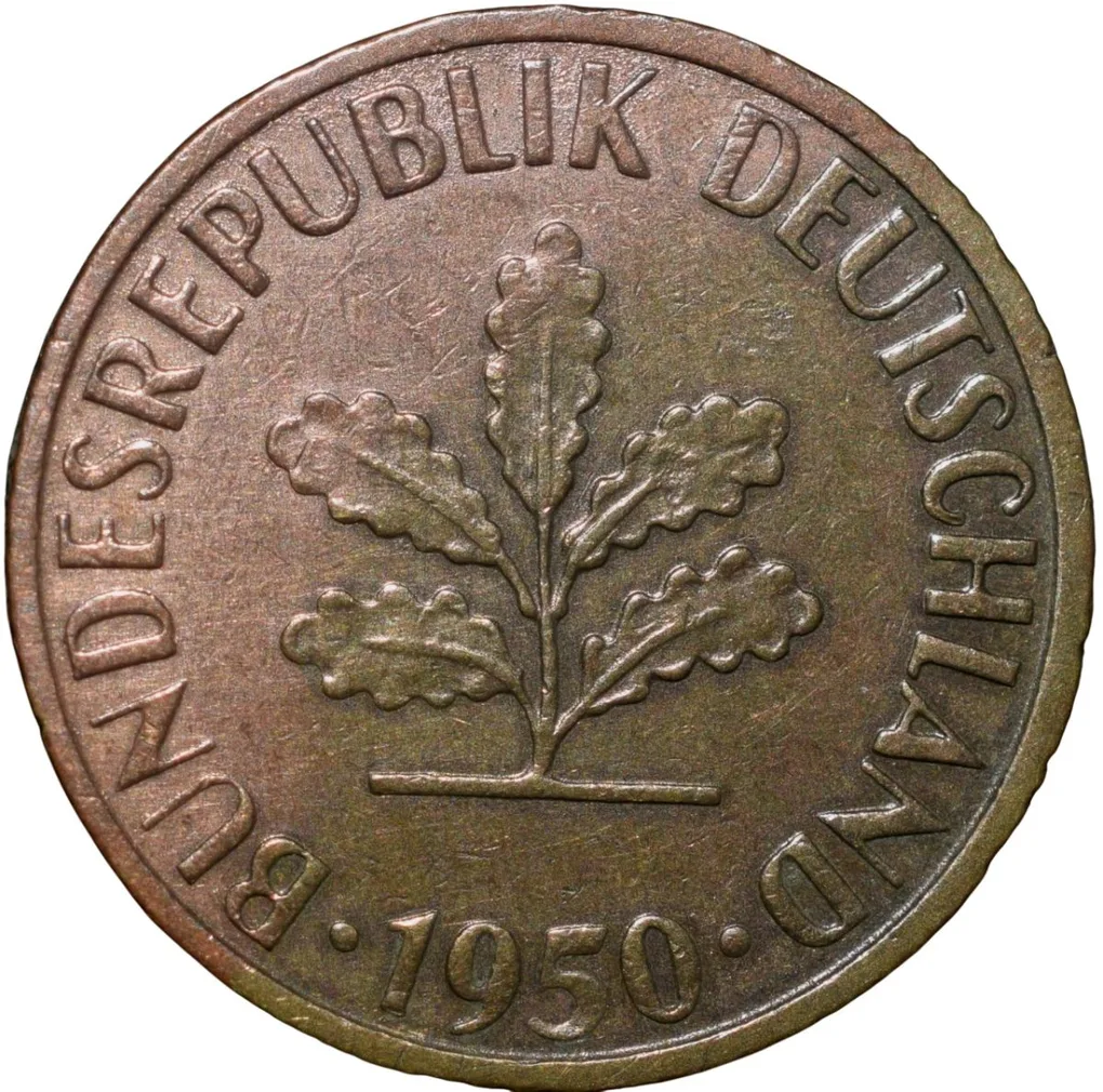 Brass 5 Pfennig of Germany (AD 1950) with Oak Sapling