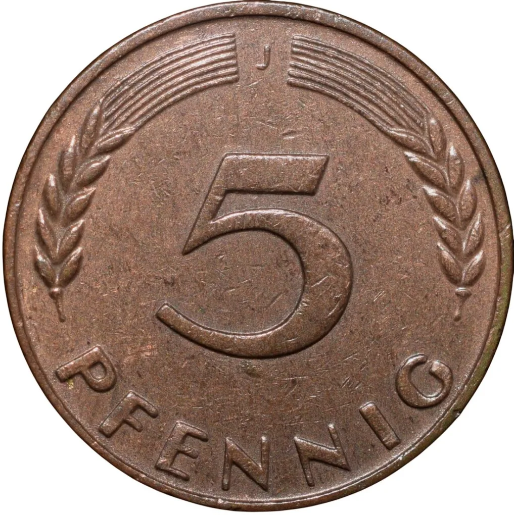 Brass 5 Pfennig of Germany (AD 1950) with Oak Sapling