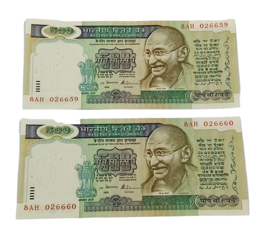 500 Rupees Dandi March 1st-Issue Sign S.Venkatraman Serially 2 Notes **V. Rare** GEM UNC Grades.