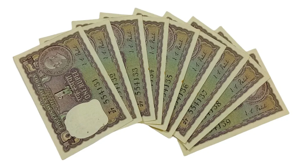 One Rupee I.G Patel Old COMM. Issue “Gandh” Middle 541 SAI Numbers Serially 9 Notes **V. Scare** UNC Grades.