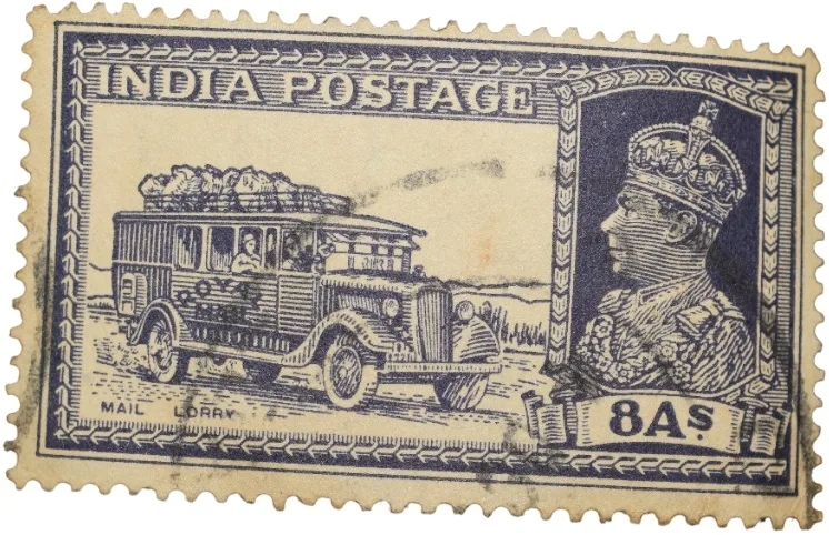 Postal Stamp of George VI Blue Colour 8 Annas 'DAK Lorry' Issue Used Condition as per Image.