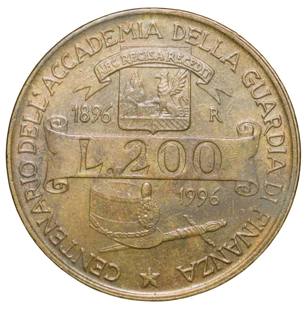 Brass 200 Lire of Italy (AD 1996) Commemorative issue - Centenary of the Academy of the "Guardia di Finanza"