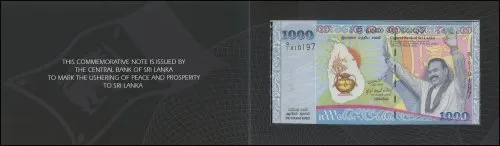 Sri Lanka 1,000 Rupees Banknote, 2009, P-122b, UNC, Commemorative, Peace and Prosperity in Sri Lanka, w/ Folder-Card