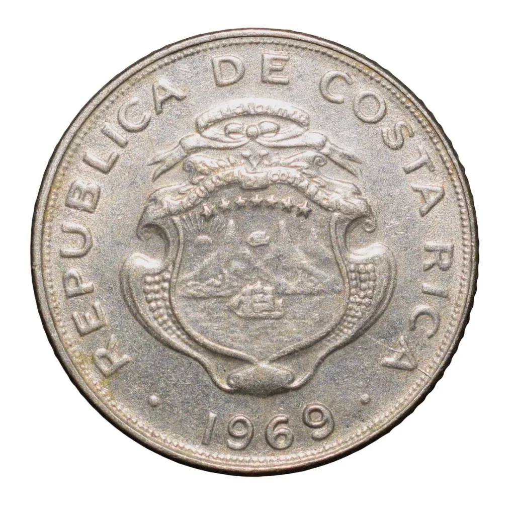 Copper-Nickel 5 Centimos of Costa Rica Country (AD 1969) Coat of Arms Beautiful Grade