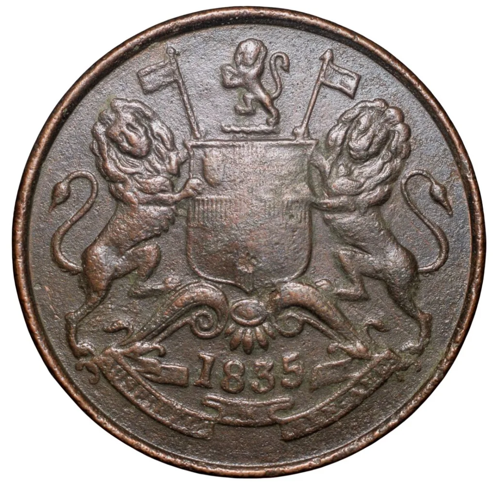 Copper 1/2 Anna of William IIII - East India Company (AD 1835) of Bombay Mint with Thin and Raised Border