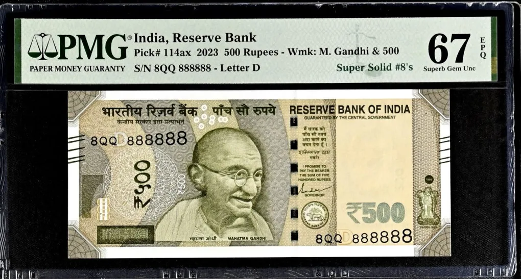 Rs 500 India Banknote Graded By PMG 67 EPQ Issue Year 2023 Signed By Shaktikant Das 8QQ 888888 Very unique and Rare