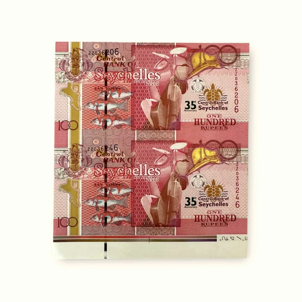 Seychelles Issue Rs 100 Uncut 2 Piece Replacement Issue Gem Unc Unique and Rare Tope Collectible Item