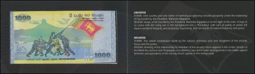 Sri Lanka 1,000 Rupees Banknote, 2009, P-122b, UNC, Commemorative, Peace and Prosperity in Sri Lanka, w/ Folder-Card