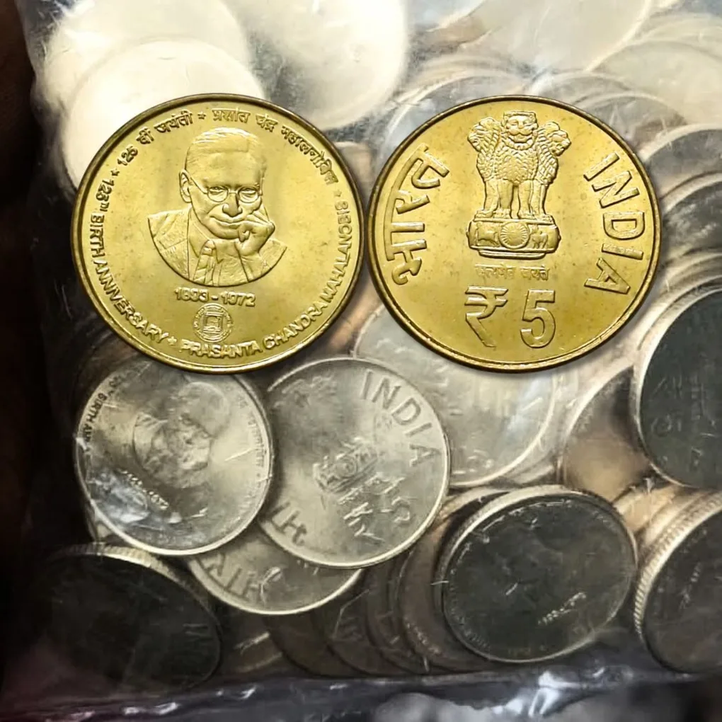 100 Coins Pouch of Five Rs Rare PCM Prasanta Chandra Mahalanobis Future Coins Kolkata Mint 100 Pcs Given Packet