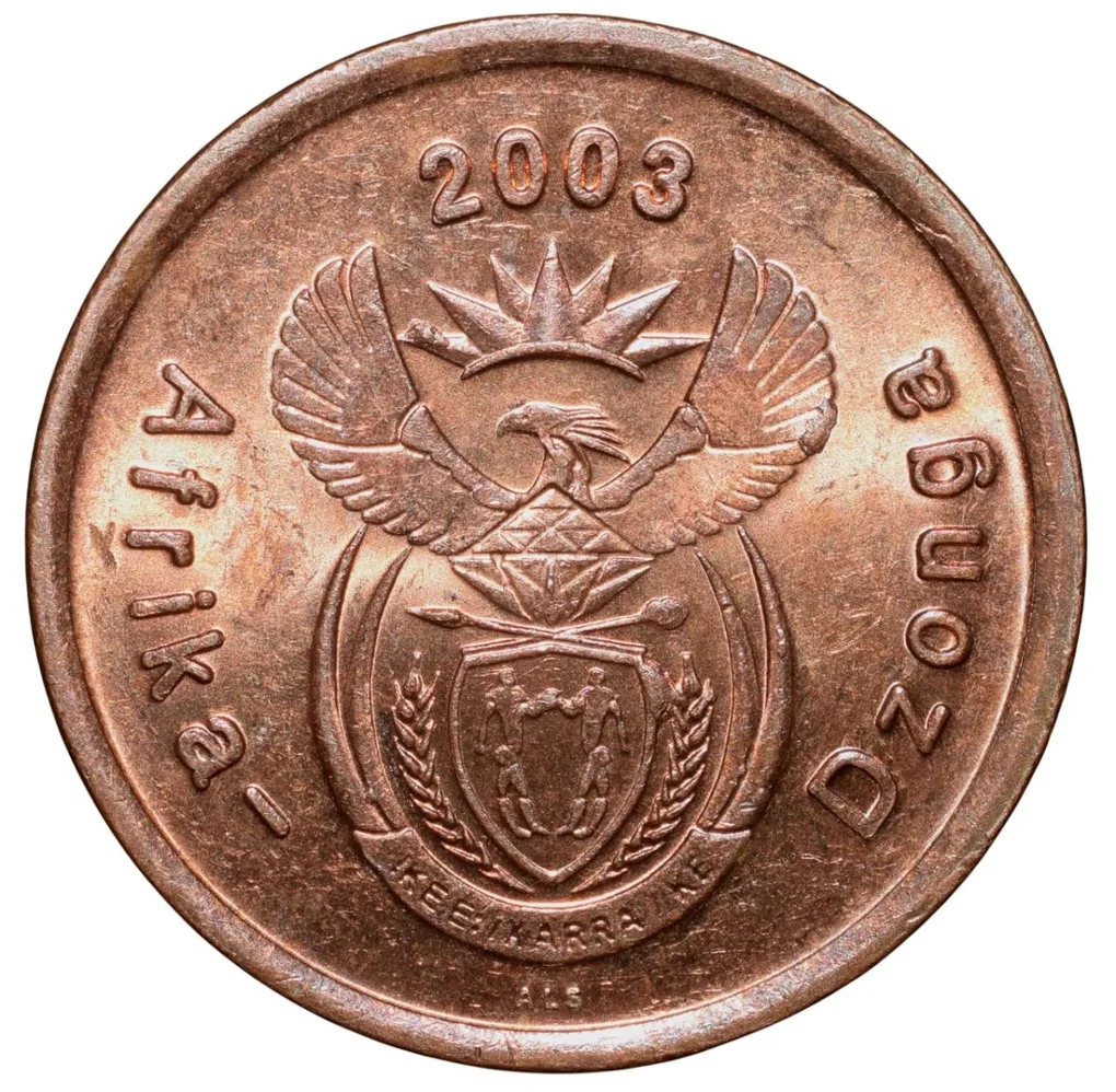 Bronze 5 Cents of South Africa (AD 2003) with Standing blue crane