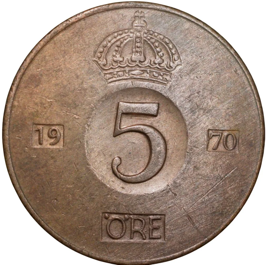 Bronze 5 Ore of Gustaf VI (AD 1970) of Sweden