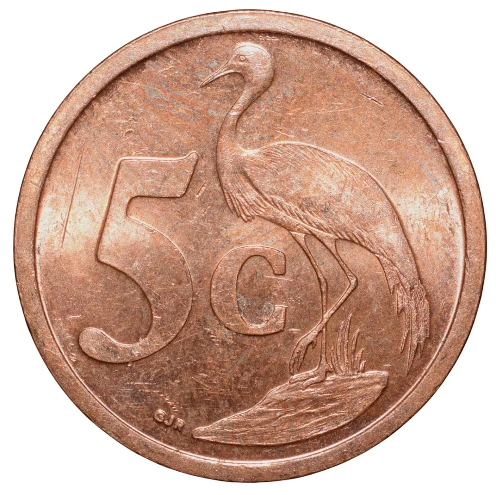 Bronze 5 Cents of South Africa (AD 2004) with Standing blue crane