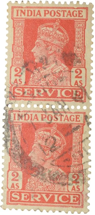 Postal Stamp of George VI 2 Annas Red Colour -Block of 2 Stamps - Used Condition as per Image.