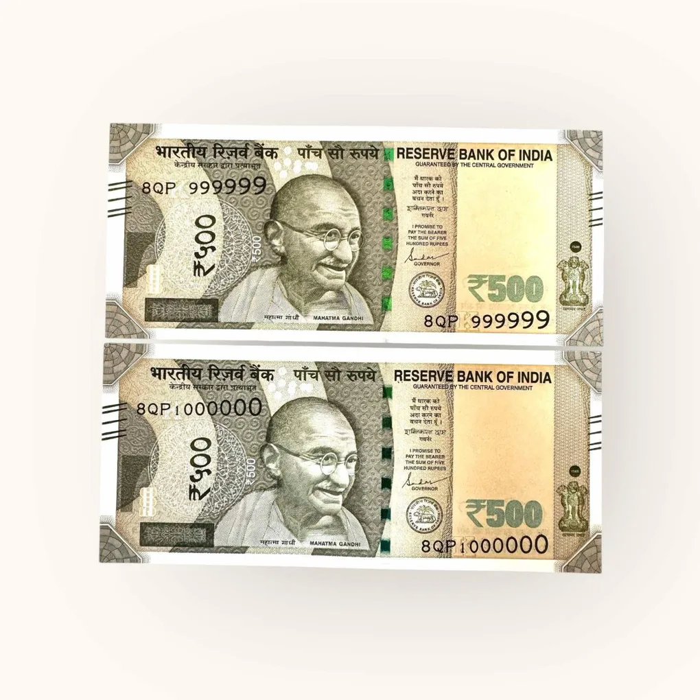 Rs 500 India Banknote Solid Fancy Number 999999 and 1000000 Gem Unc Unique and Rare