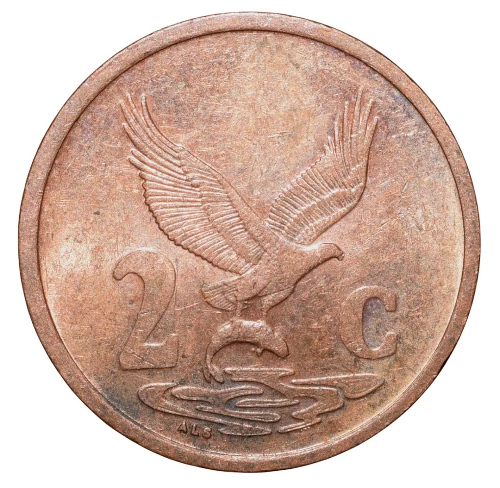 Bronze 2 Cents of South Africa (AD 2000) with Eagle holding a fish with its talons