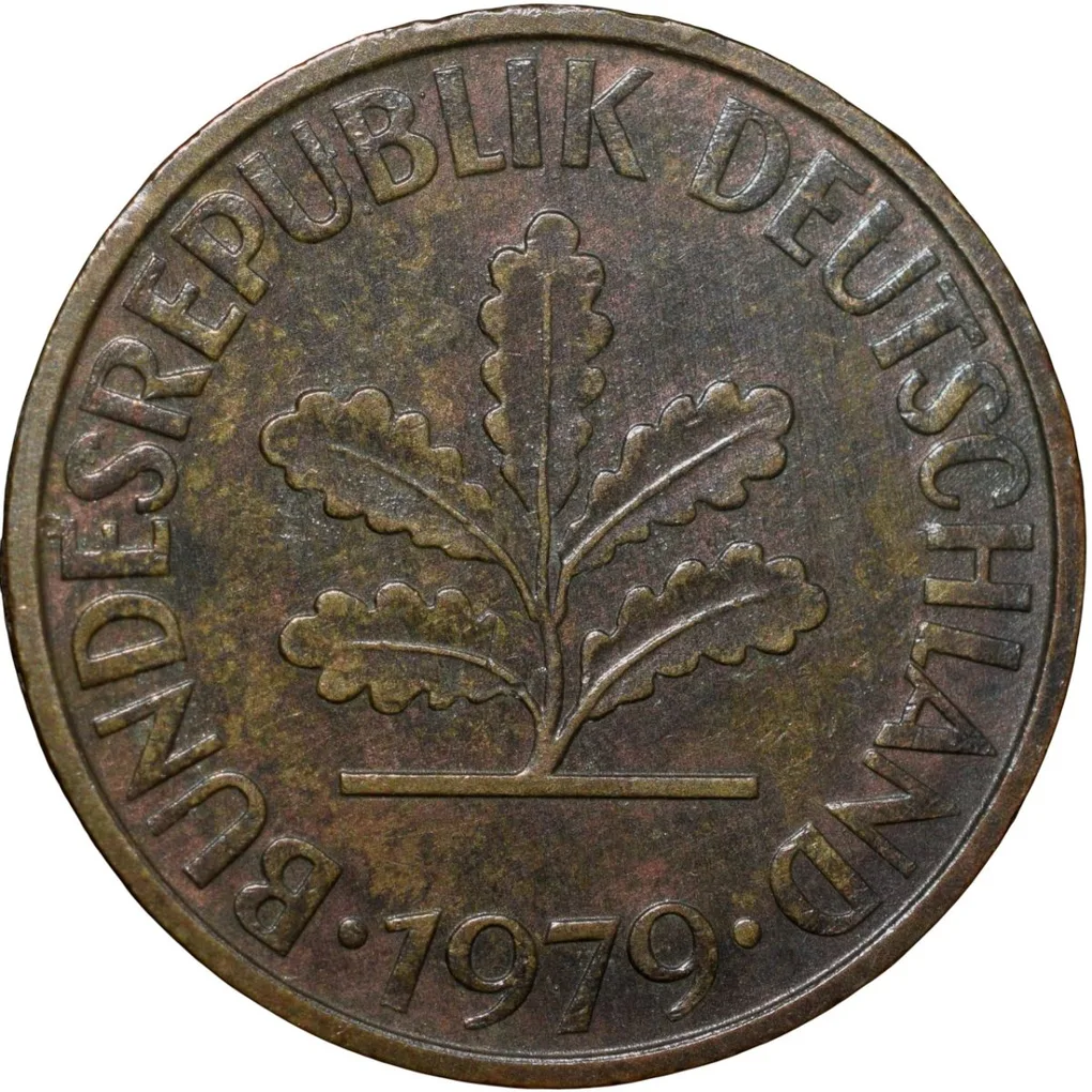 Brass 10 Pfennig of Germany (AD 1979) with Oak Sapling