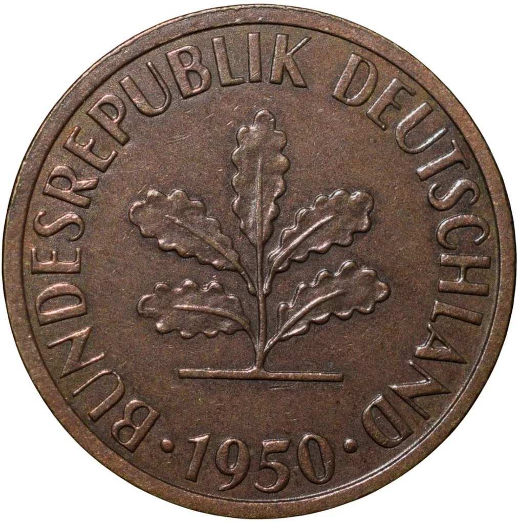 Brass 5 Pfennig of Germany (AD 1950) with Oak Sapling