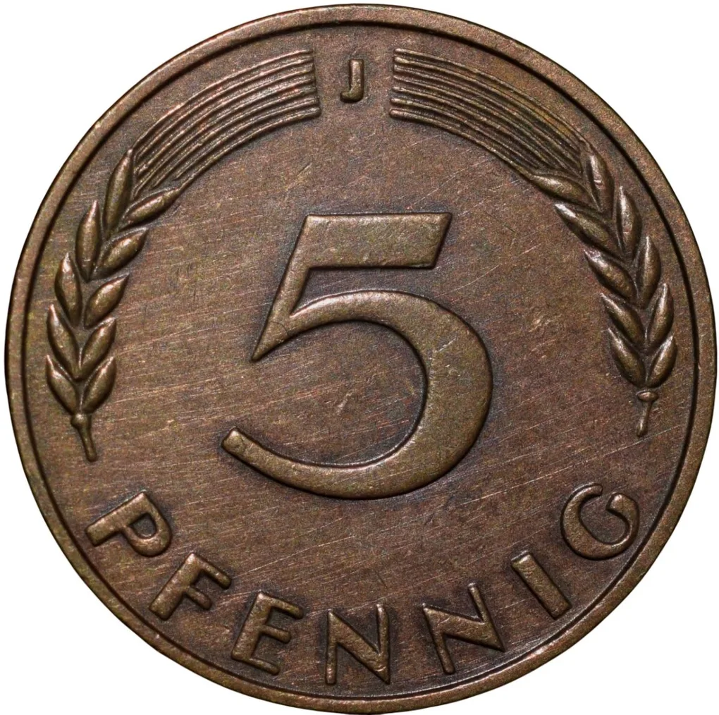 Brass 5 Pfennig of Germany (AD 1950) with Oak Sapling