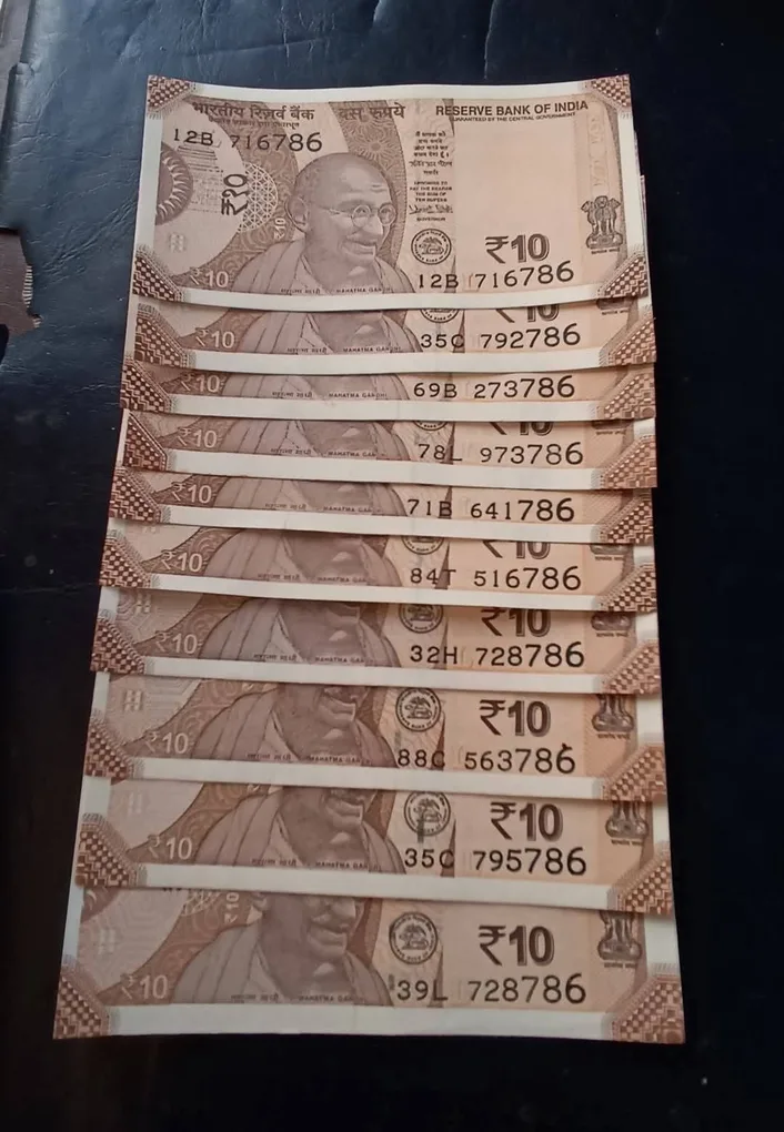 Reserve Bank of India Rs 10 note. Ending 786 Excellent condition. 10 piece given Same and similar piece available