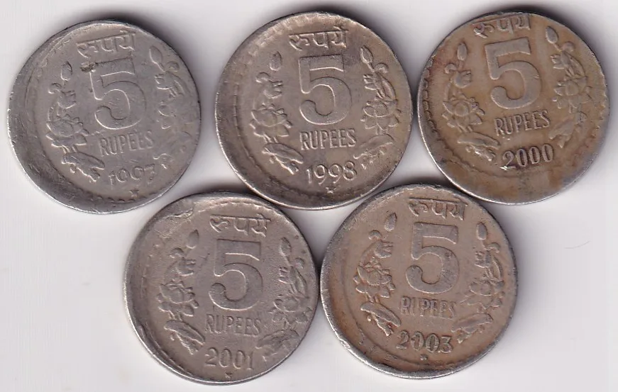 5 Rupees Nickel Five Different Years Off Centre Error Coins Lot Rare #1