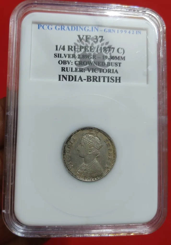 1/4 Rupee 1877 Victoria Empress PCG Graded Coin VF 37
