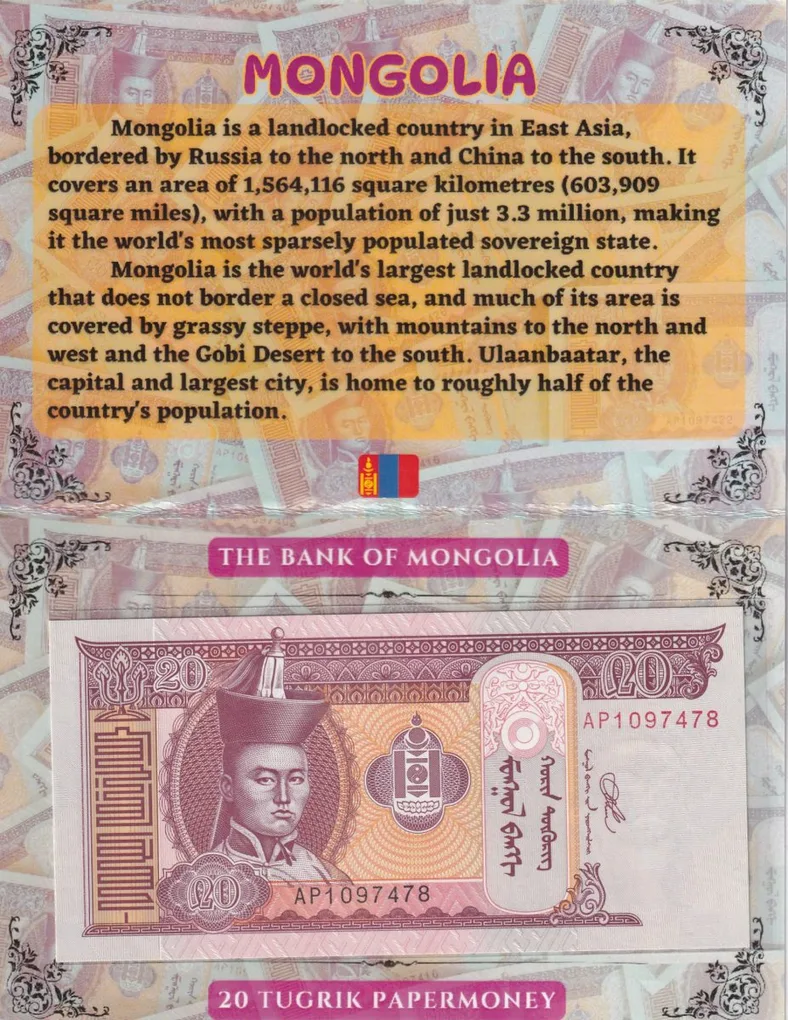 Mongolia 20 Tugrik UNC Note with Beautiful Folder