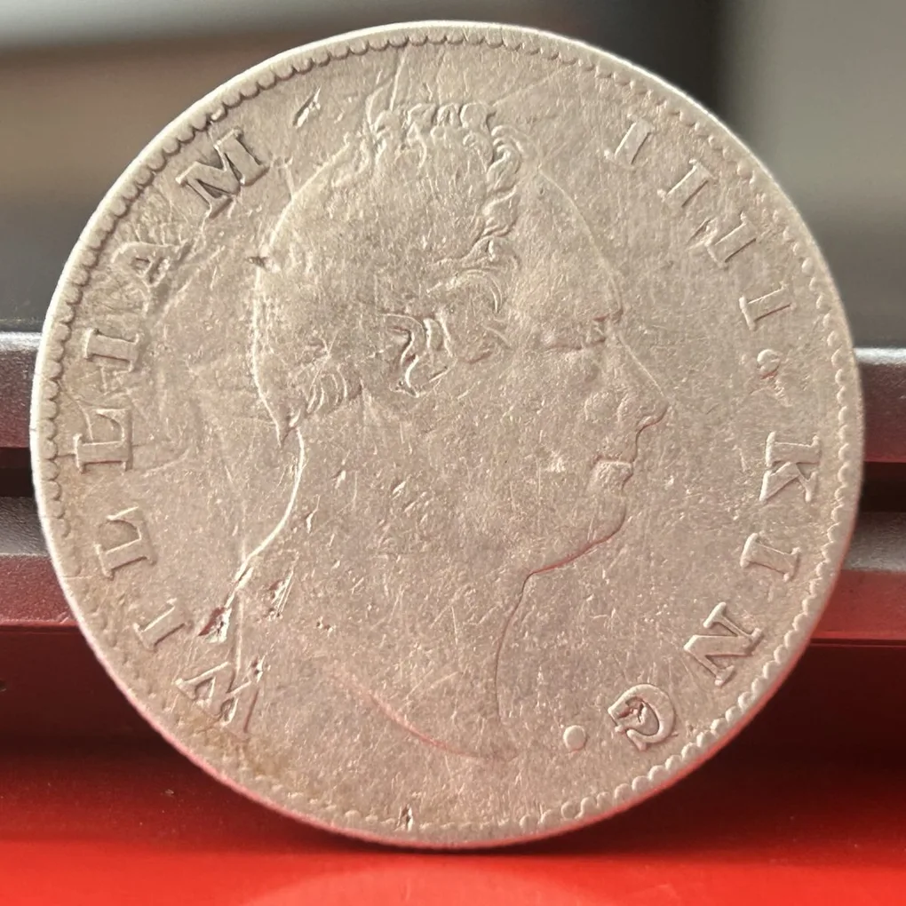 Rare One Rupee 1835 F Mark on Neck Silver Coin of King William IV Collectible Coins of East India Company Silver 11.66 Gram