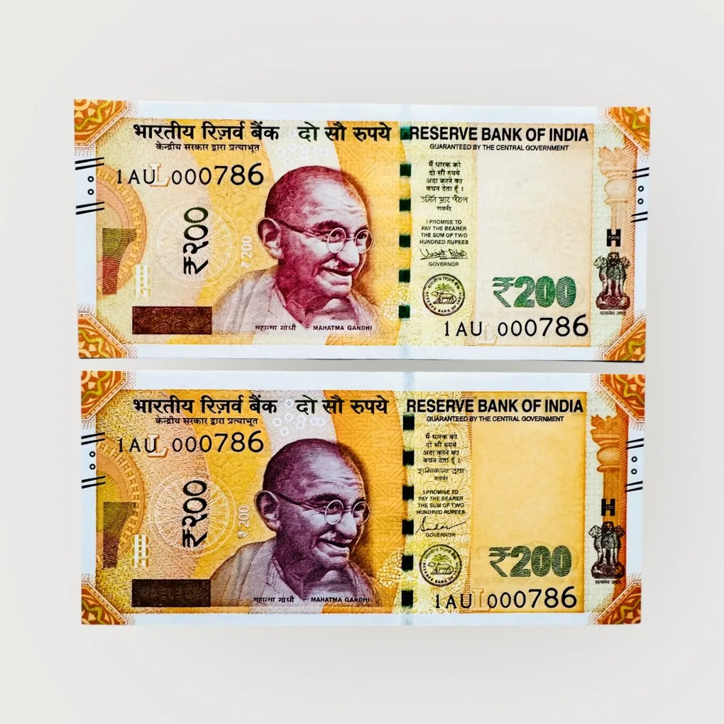 India Banknote Rs 200 Twin Set Gem Unc Bank Note Set Solid Holy Number 1AU 000786
