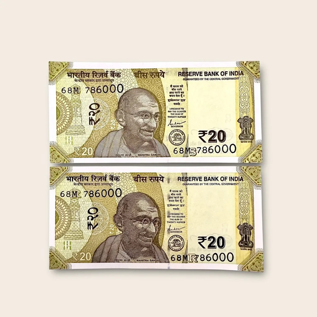 Rs 20 India Banknote Twin Pair Set GEM UNC 68M 786000 Unique and Rare