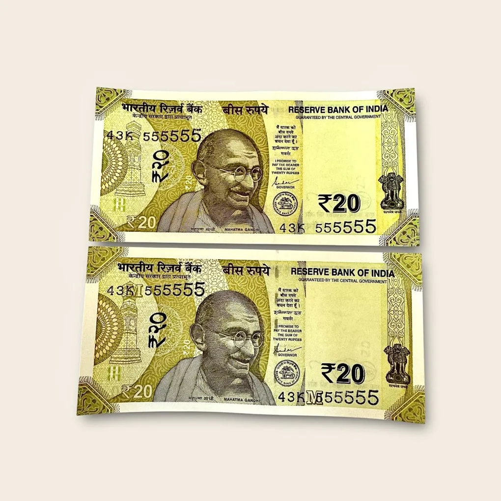 Rs 20 India Banknote Twin Pair Set Gem Unc 43K 555555 Unique and Rare