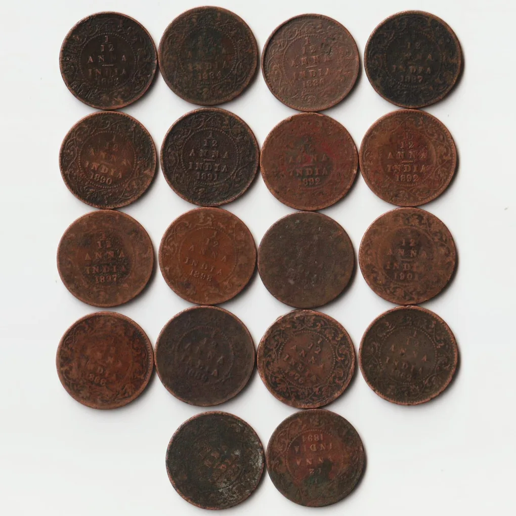 Extremely Rare 18 Coins Set of 1/12 Anna 1883 to 1894 Copper Coins of Victoria Queen British India Coinage