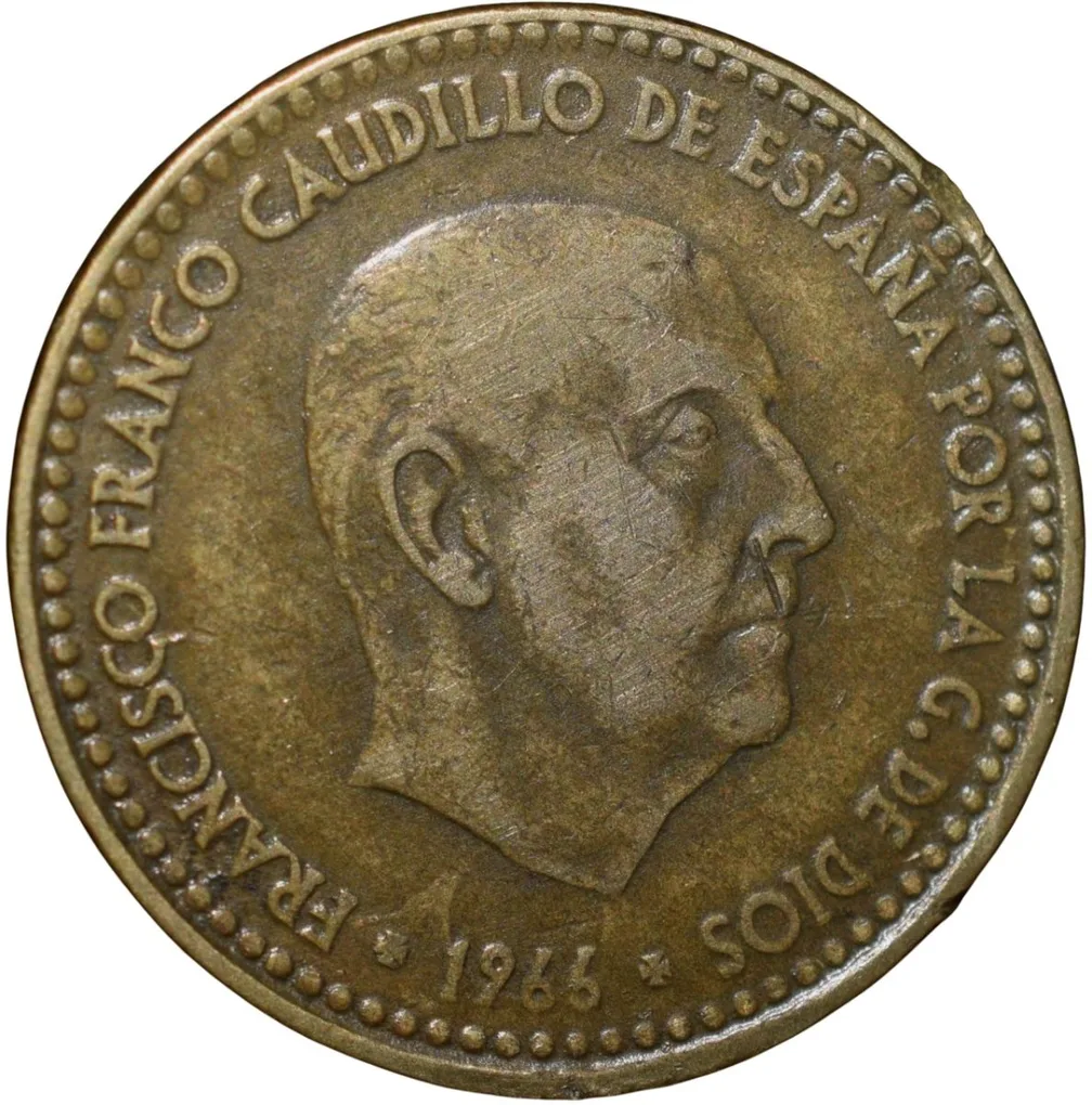 Old Brass 1 Peseta of Spain Country (AD 1966) Francisco Franco
