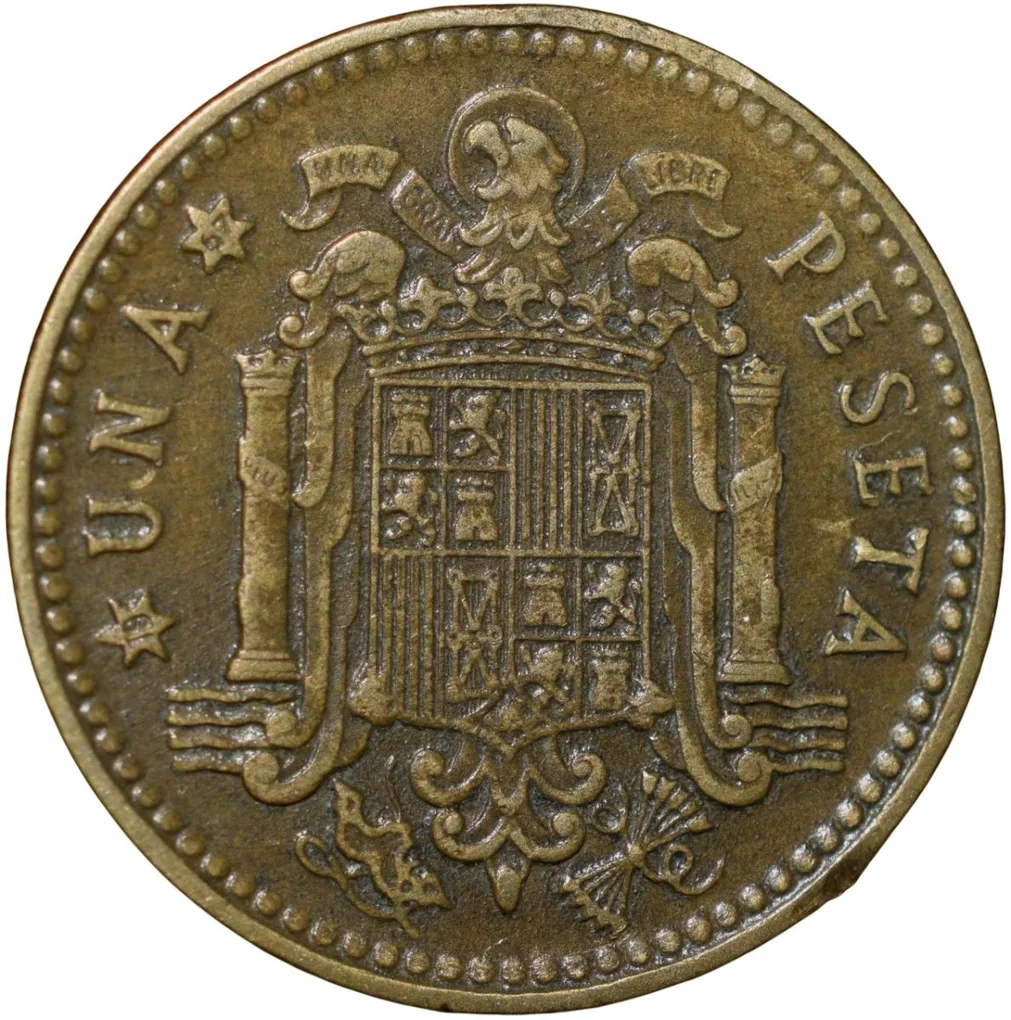 Old Brass 1 Peseta of Spain Country (AD 1966) Francisco Franco