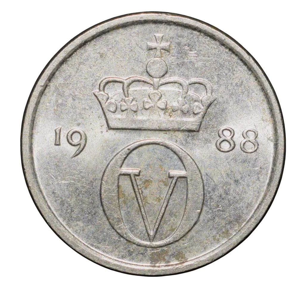 Copper-Nickel 10 Ore of Olav V (AD 1988) of Norway with Crowned monogram of Olav V