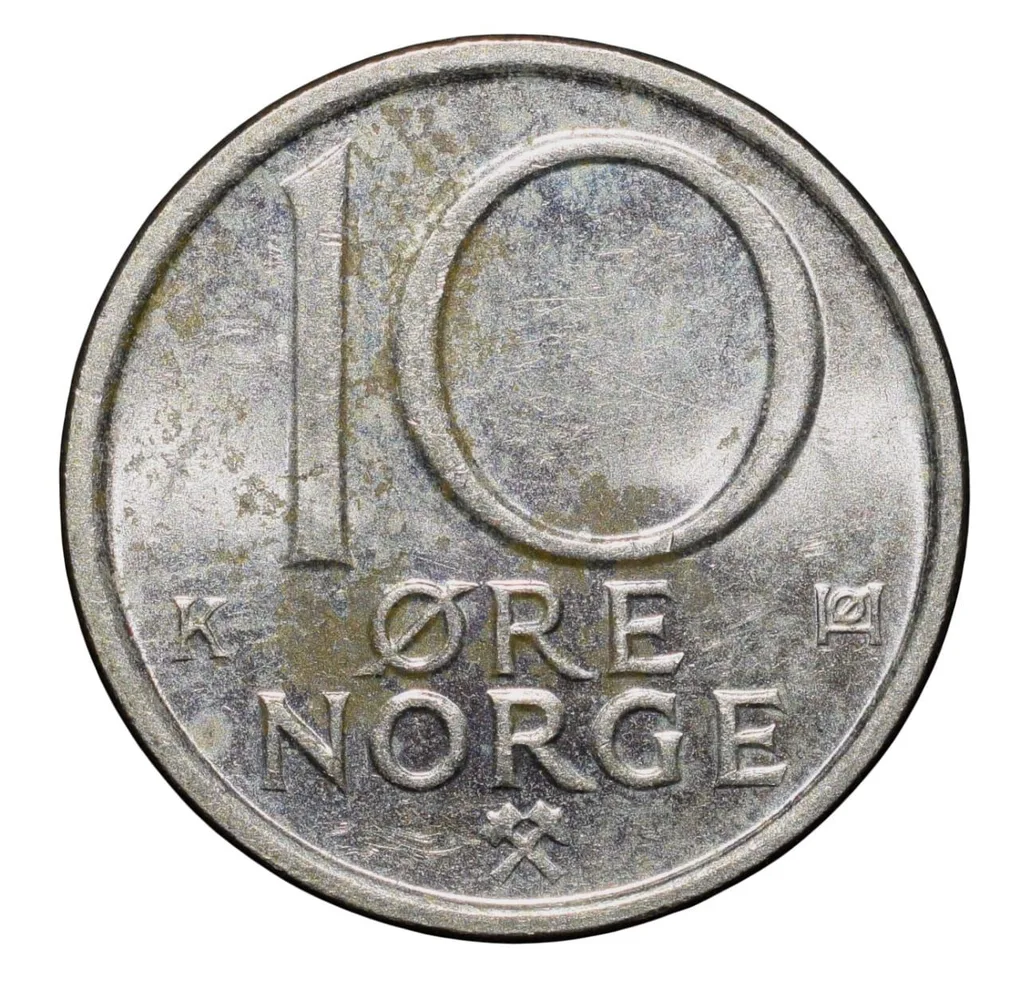 Copper-Nickel 10 Ore of Olav V (AD 1988) of Norway with Crowned monogram of Olav V