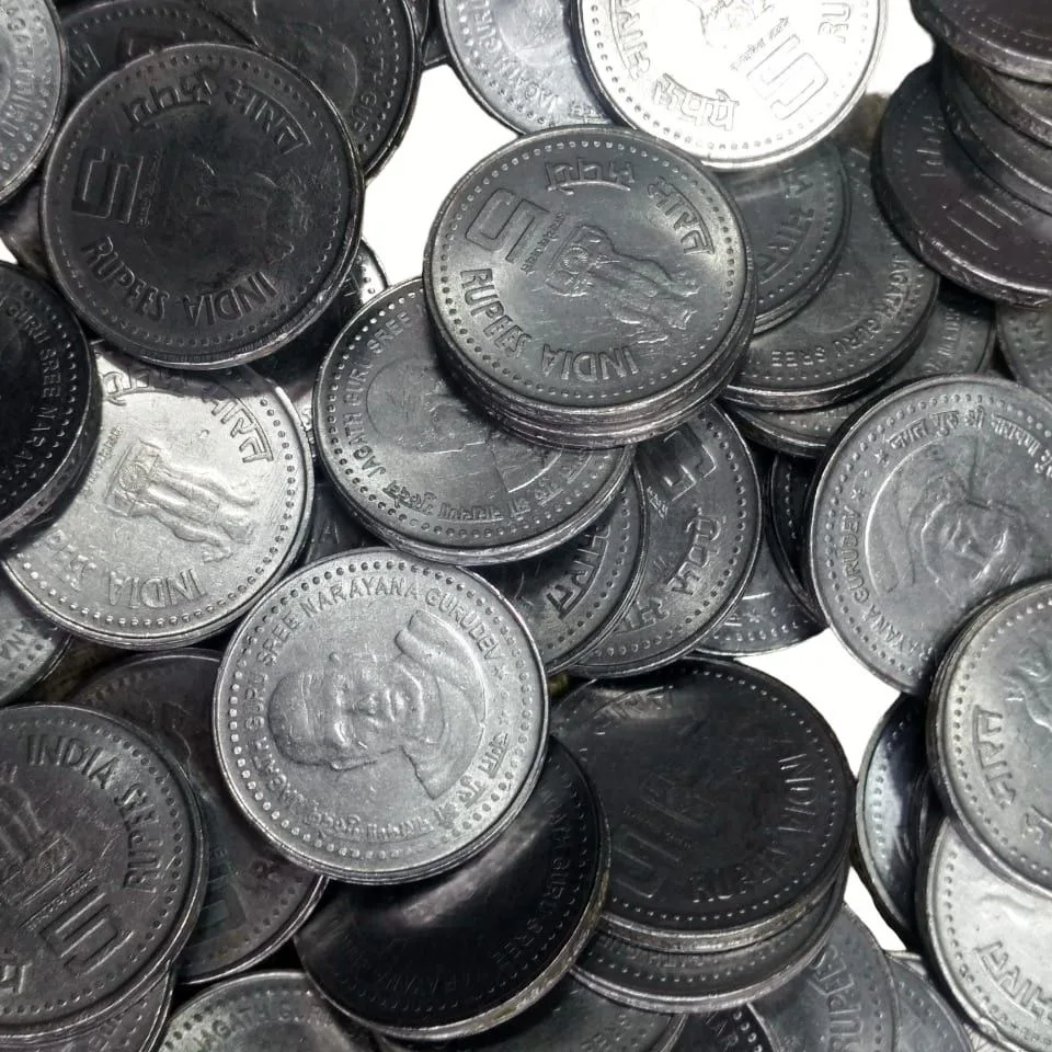 10 Coin Lot of 5 Rupee Jagat Guru Shree Narayana Gurudev Randomly Coin Given