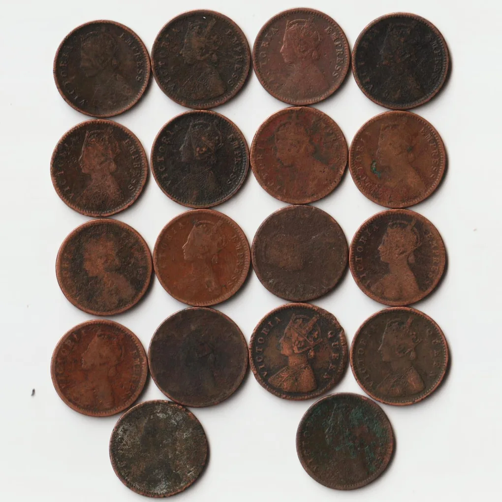Extremely Rare 18 Coins Set of 1/12 Anna 1883 to 1894 Copper Coins of Victoria Queen British India Coinage