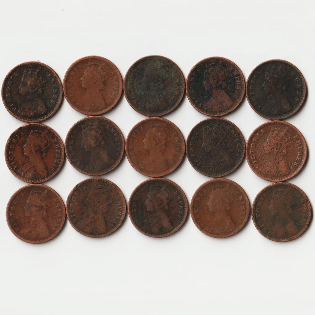 Rare 15 Coins Set of 1/12 Anna 1862 to 1901 Copper Coins of Victoria Queen British India Coinage