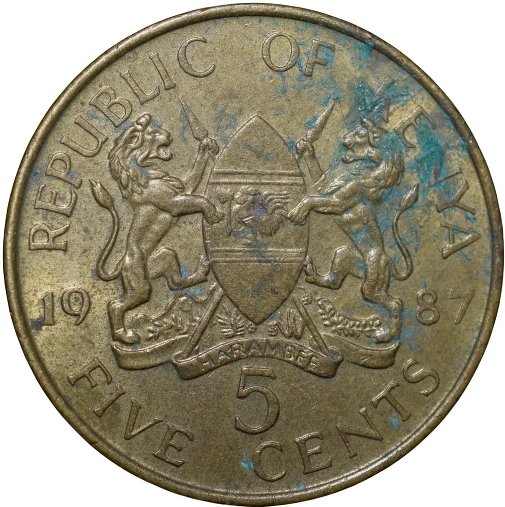 Brass 5 Cents of Kenya (AD 1987) with President Daniel Toroitich Arap