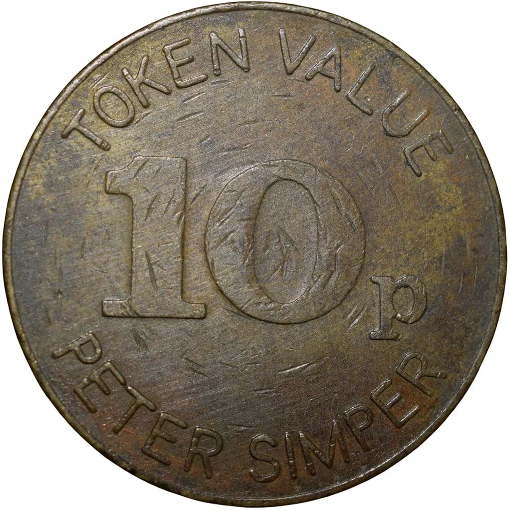 Brass 10 Pence Peter Simper Token (19th Cen. AD) from United Kingdom