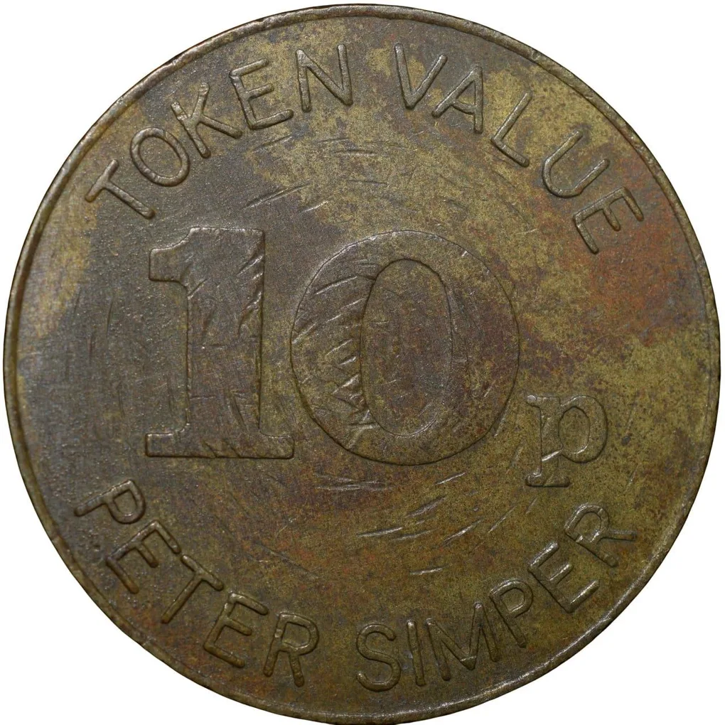 Brass 10 Pence Peter Simper Token (19th Cen. AD) from United Kingdom