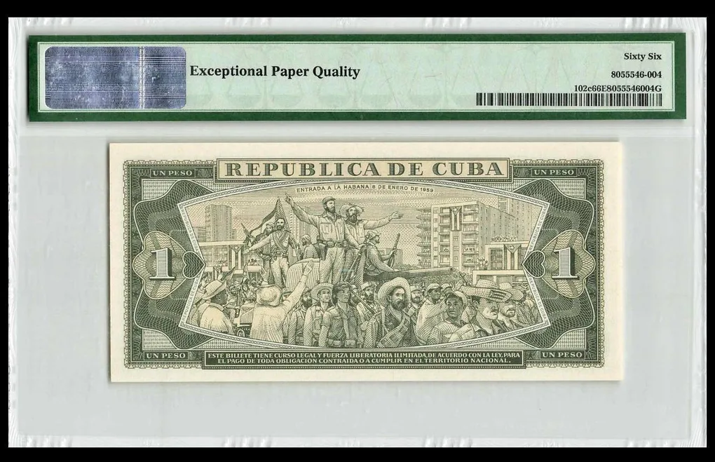 PMG Graded EPQ 66 World Bank Note Cuba 1 UN Peso Issue Very Unique and Rare Very Famous EMO Collection
