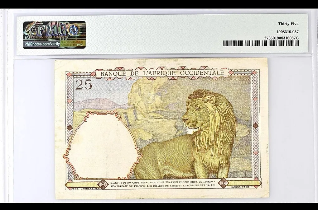 French West Africa 25 Francs 1942 Wmk Womans Head PMG Graded 35 Ending 786 Very Unique and Rare Lion