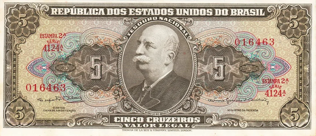5 Cruzeiros Thesouro Nacional 2nd print Valor Legal World Banknote UNC Unique and rare